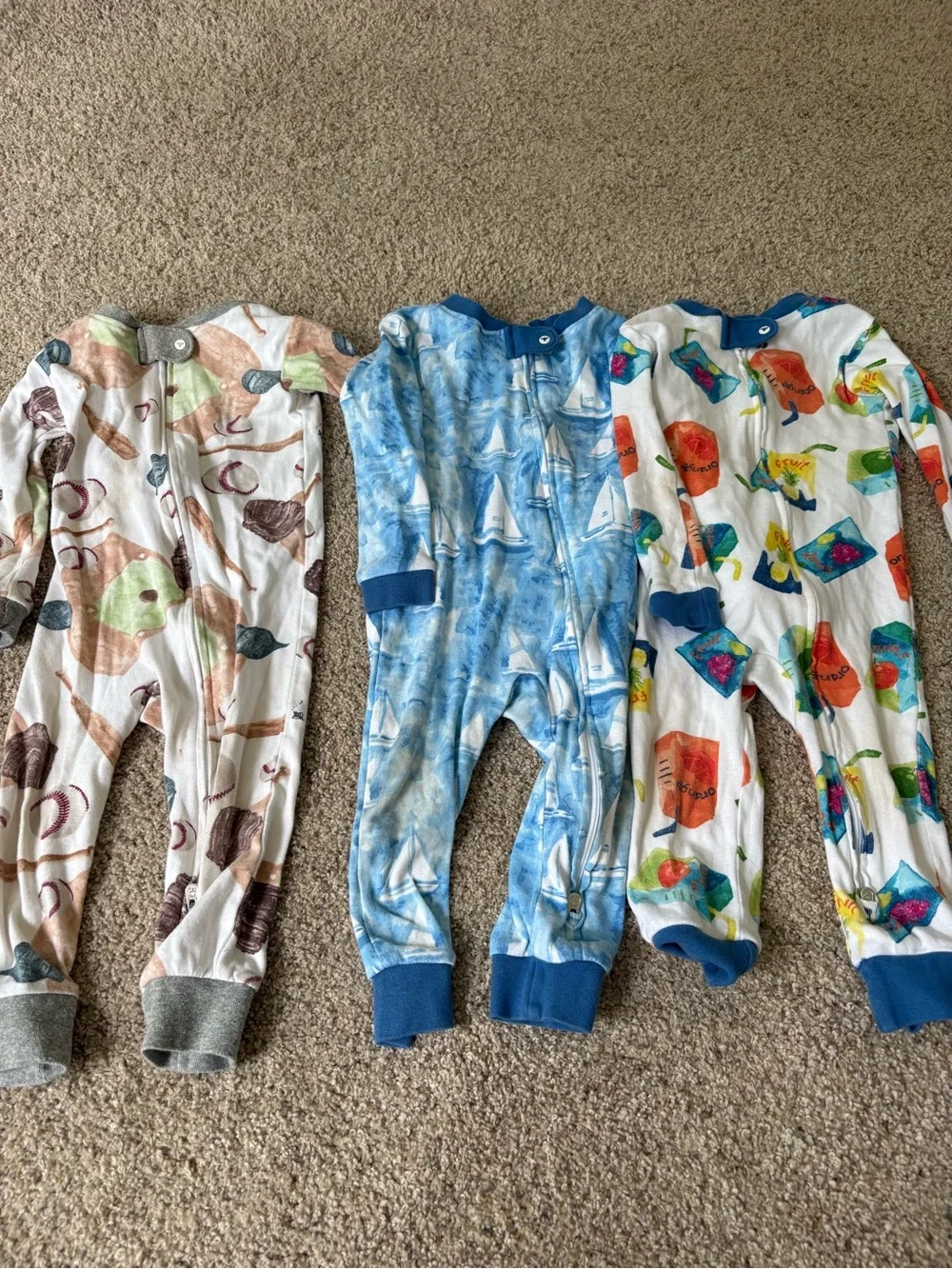 Burt’s Bees Baby Set Of 3 Pajamas 18 Months Zipper Boats Juice Box Baseball